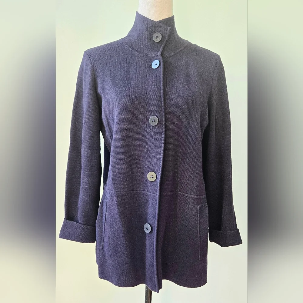 Talbots Navy Blue ribbed button-up cardigan/ spring jacket Petite sz 1XP - Picture 3 of 10